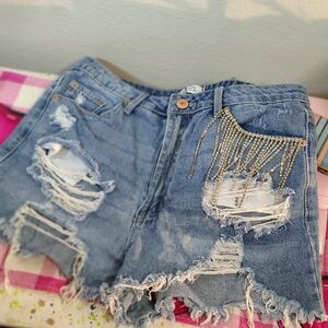 Size 5 adorable denim jean shorts with sparkly tassels juniors girls